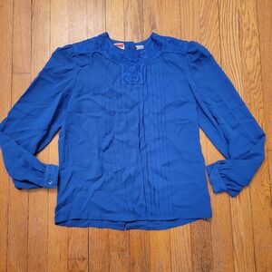 Nilani Blue Embroidered Pleats Button Back Long Sleeve Blouse 2 Cottage Academia